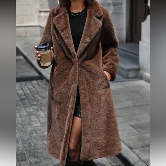 Vintage style luxury faux fur coat smooth fur chocolate brown mid length - Picture 3 of 6